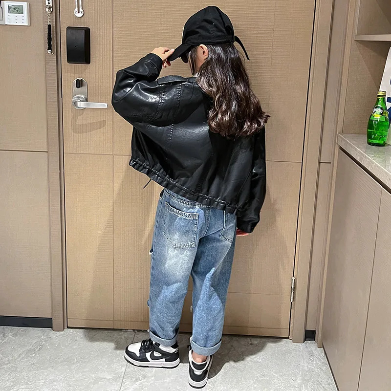 Girls Leather Jacket Autumn Trendy Cool Teenage Kids PU Outerwear Black Casual All-match Streetwear Kids Coats 10 12 13 14 Years 250206