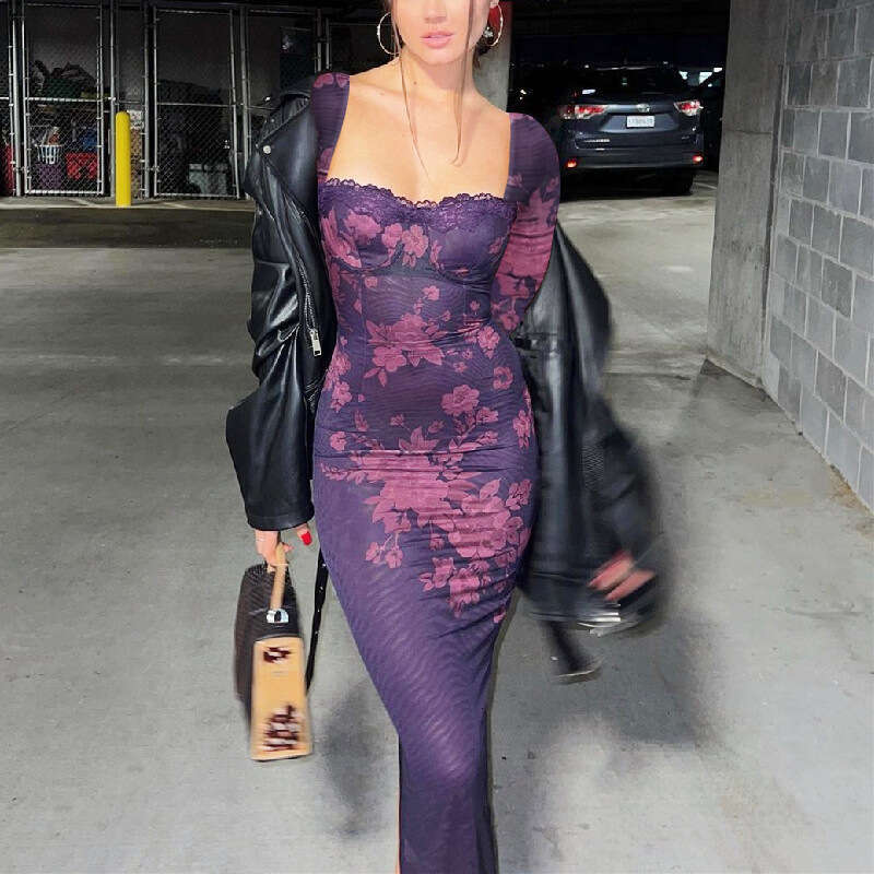 European and American women's autumn sexy retro printed lace strap slim fit slit long sleeved dress for women 2025 new style temperament chic ele