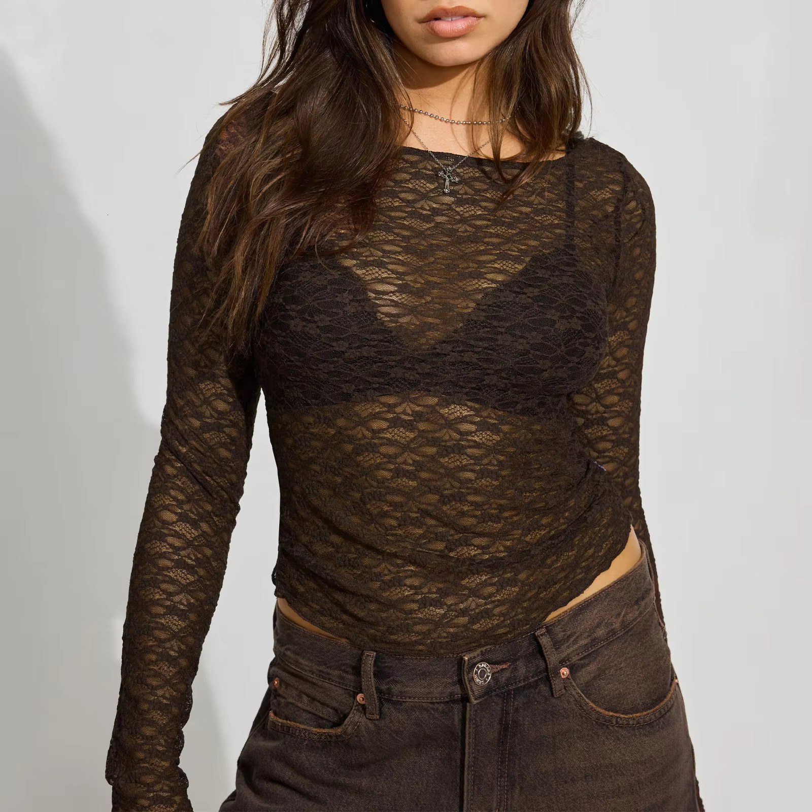 Women See-Through Lace Tops Fashion Shirt Long Sleeve Crew Neck Slim Sheer T-Shirt Streetwear Female Grunge Clubwear Clothes