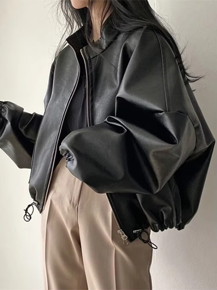 PU Leather Jacket Women Y2k Street Fashion Zipper Loose Female Crop 2025 Spring Long Sleeve Stand Neck Moto Biker Lady Coat