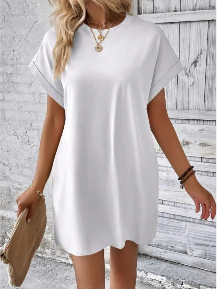 Fashion Boho Resort Style Beach Dresses For Women 2024 New Summer Solid Color O Neck Loose Short Sve Pocket Mini Dress FemmeXJ2500207