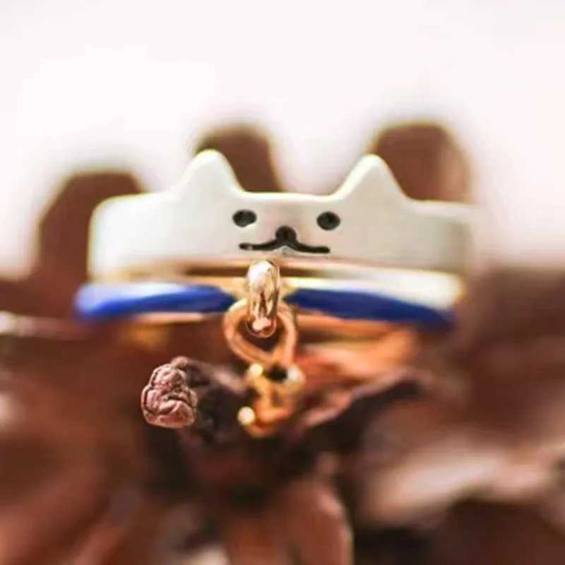 Set of 2 Cute Fashion Painted Enamel Animal Cat Bell Paw Print Open Ring Women Fashion Jewelry Couple Gift W250207