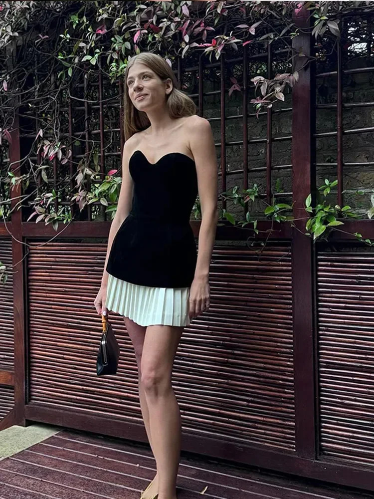 Elegant Pleated Hem Black Velvet Mini Dres Sexy Backless High Waist A Line Dresses 2025 Lady Chic Party Short Robes 250206