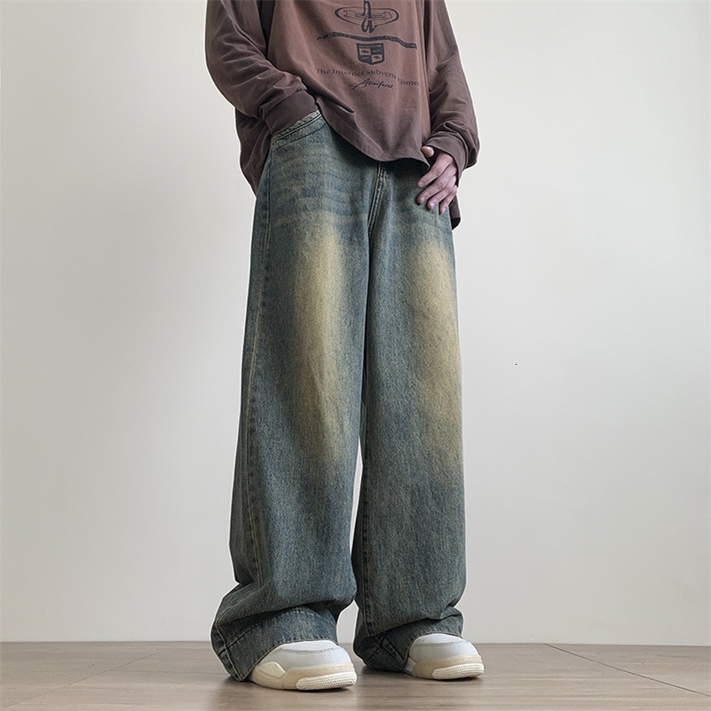 Distressed Vintage Blue Jeans Pants Men Wide-leg Denim Trousers Male Oversize Streetwear Fashion Casual Baggy Straight Jeans 250206