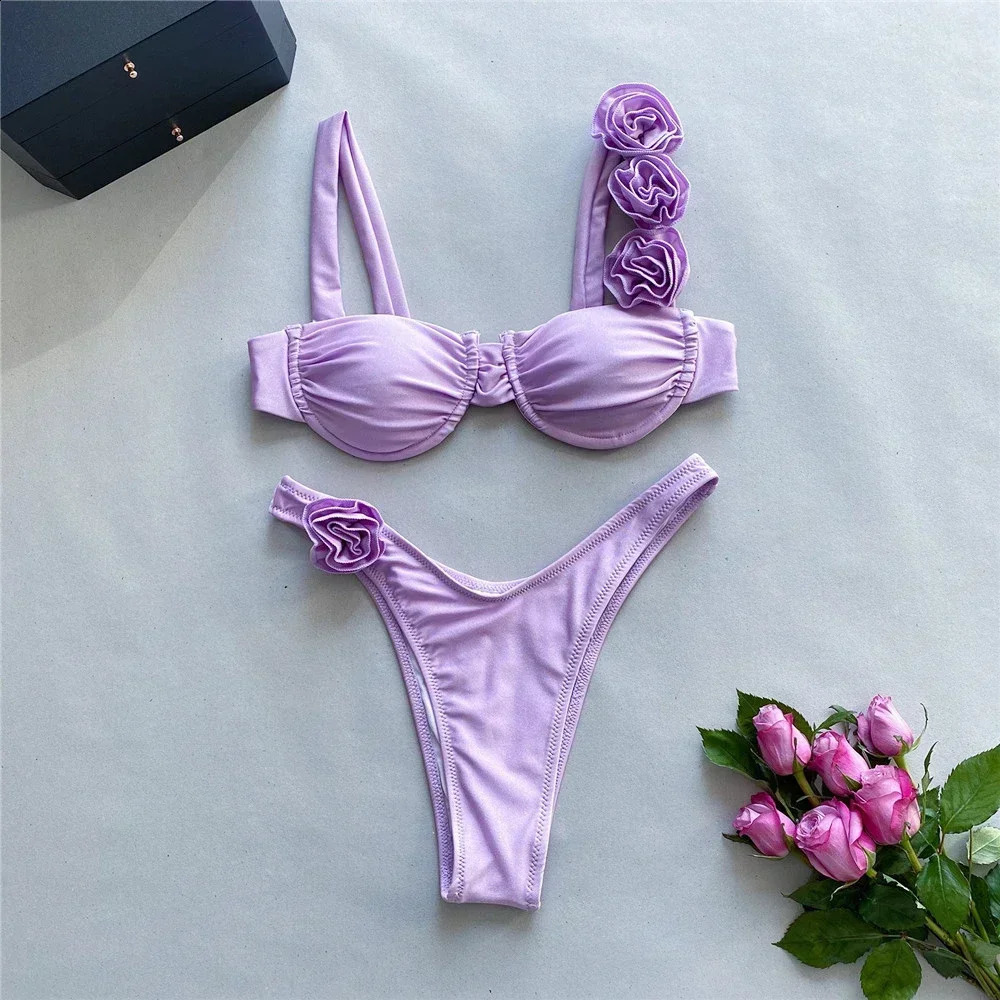 Sexy 3D Flower Shiny Pink Push Up Bikini 2025 Women Swimwear Underwired Swimsuit High Cut Bathing Suit Wrinkled Bikinis Sets 250113