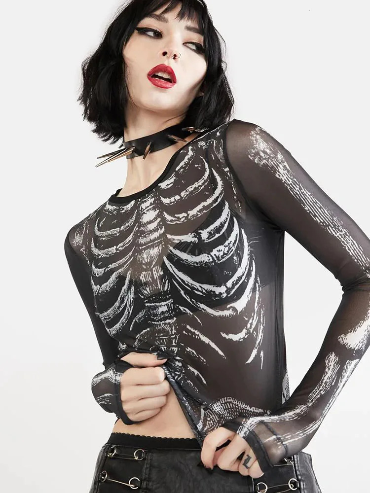 Gothic Punk Shirt 2000s Women Skeleton Pattern Round Neck Long Sleeve Crop Top Black Dark Academia Clothes y2k Tees Streetwear 250206