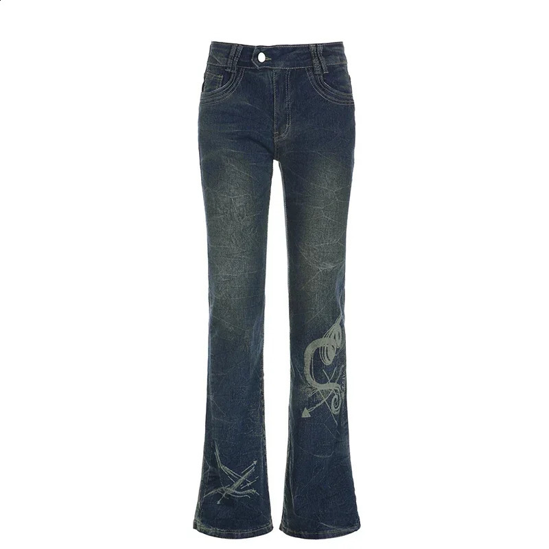 Y2K Grunge Fairycore Chic Skinny Low Rise Flared Jeans Women Vintage Aesthetic Heart Printed Denim Trousers Boot Cut 250206