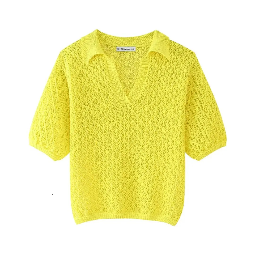 DUOPERI Women Fashion Jacquard Solid Knitted Mesh Out Pullover Polo Shirt Short Sleeve Female Chic Lady Casual Tops 250207