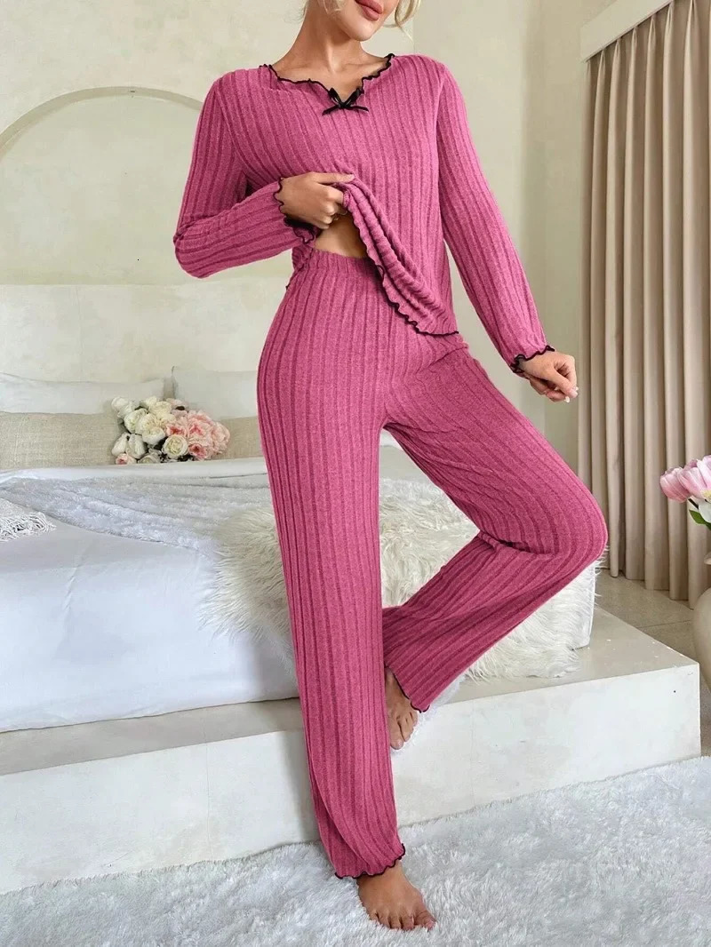 Women Autumn Winter Sleepwear Ribbed Pajamas Set Long Sleeve Top and Long Pants 2 Piece Set Casual Homewear Loungewear 250207