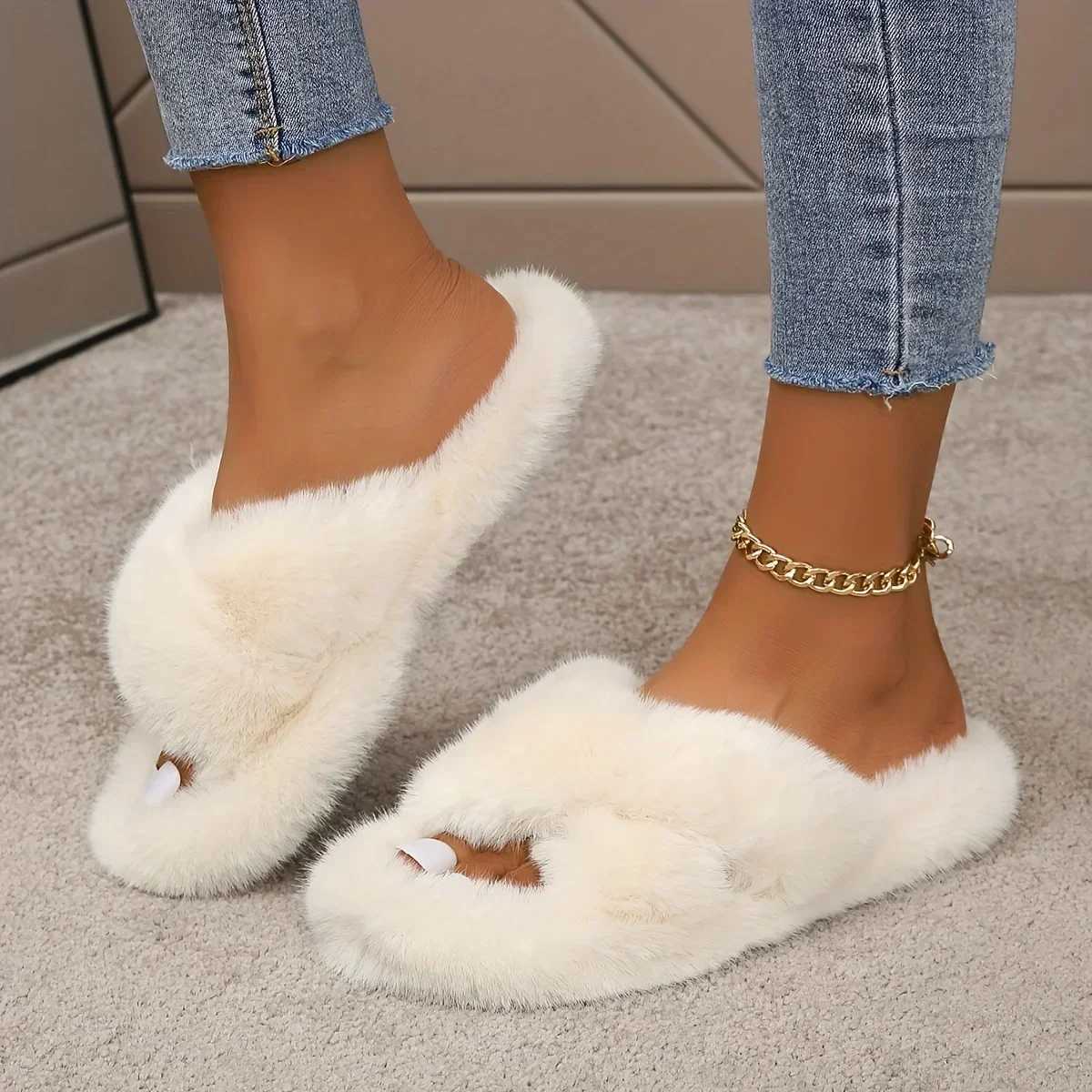 2023 Fluffy Furry Cross Band Fuzzy Slippers Cozy Open Toe Flat Plush House Shoes Comfy Warm Home Slides Winter Women SandalsXJ250207
