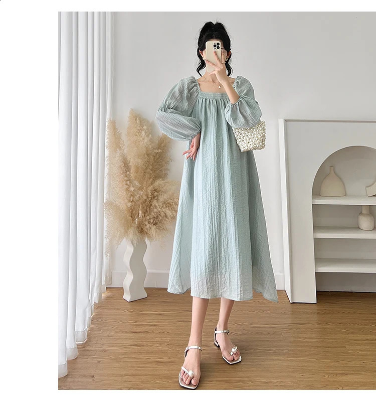 Pregnant Womens Clothing Spring Long Sleeve Square Collar Loose Maternity Chiffon Dress Plus Size Pregnancy Beach Blue 250114