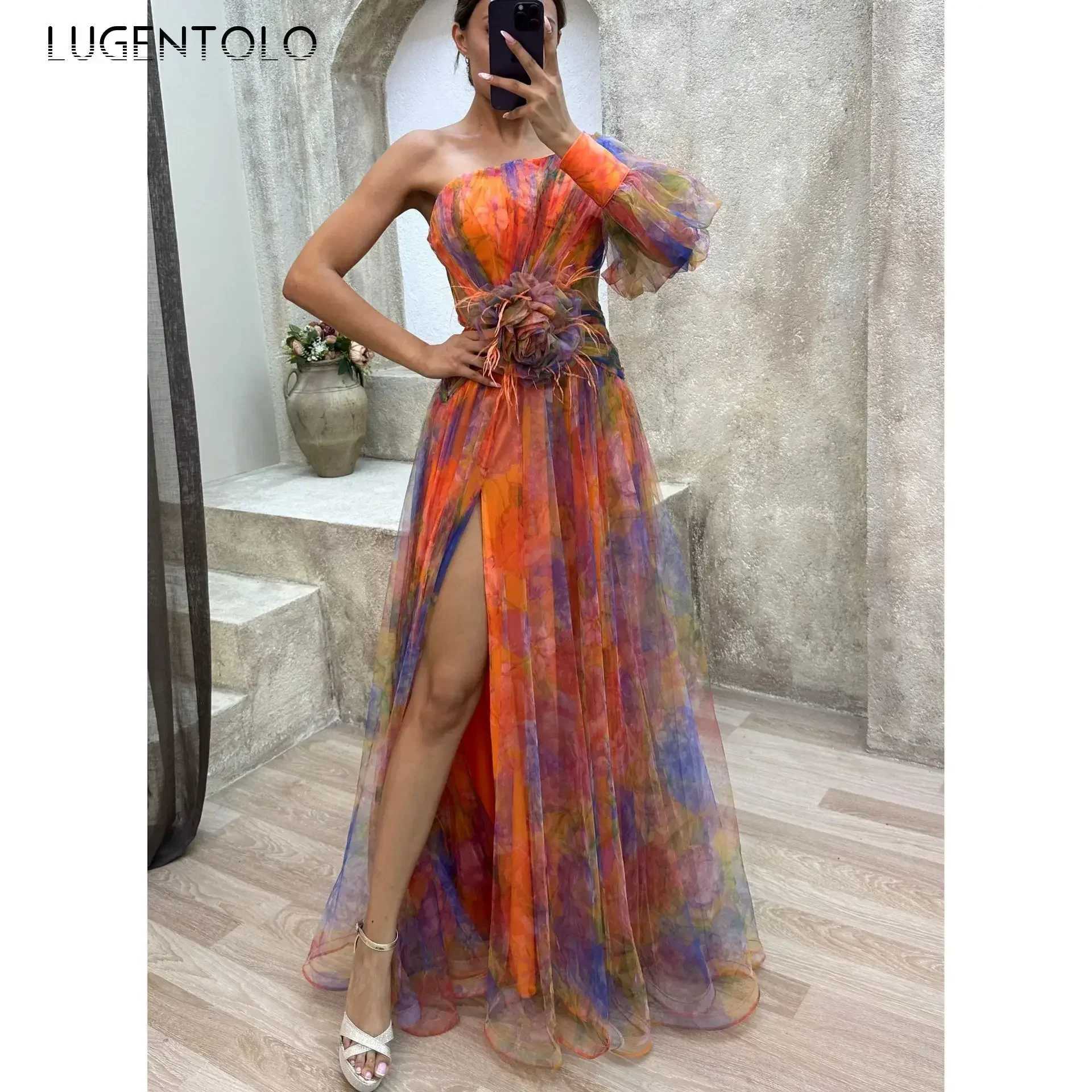 Womens Sexy Party Dress Mesh Cut-outs Waist Split End Slanted Shoulders Big Swing Fashion Slveless Slim Floral Print On Cloth X250207
