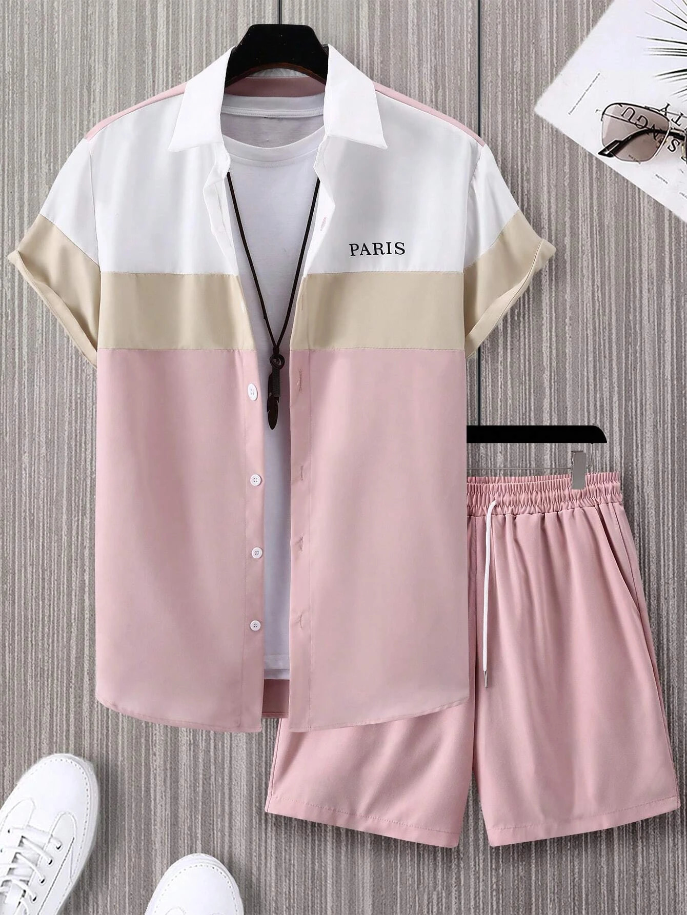 Mens Fashion Set Blue and White Patched Work Color Single breasted Short Sleeve Collar Shirt y2k Two Piece 250207