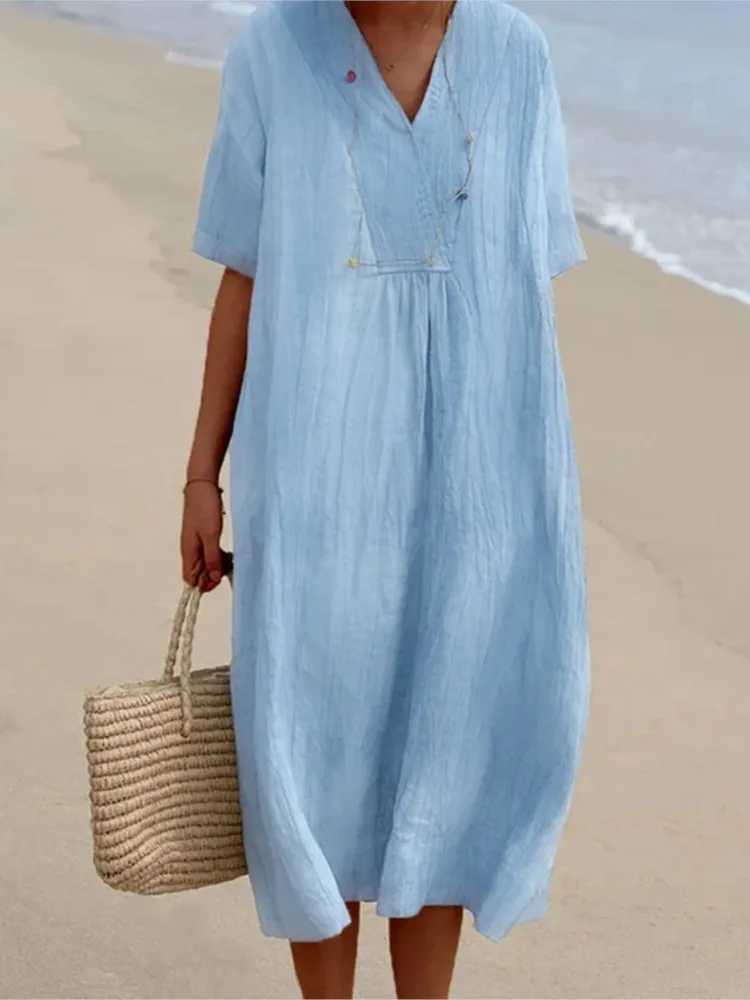 Summer Solid Color Cotton And Linen Dress Women Fashion Short Sve V Neck Loose Midi Dress Casual Holiday Beach Dresses FeXJ2500207