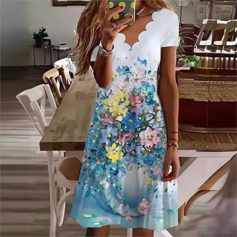 Summer New Womens Digital Printed V-neck Short Sved Dress 2024 Ladies Floral Print Knee-Length Pullover Dresses Femme RobeXJ2500207