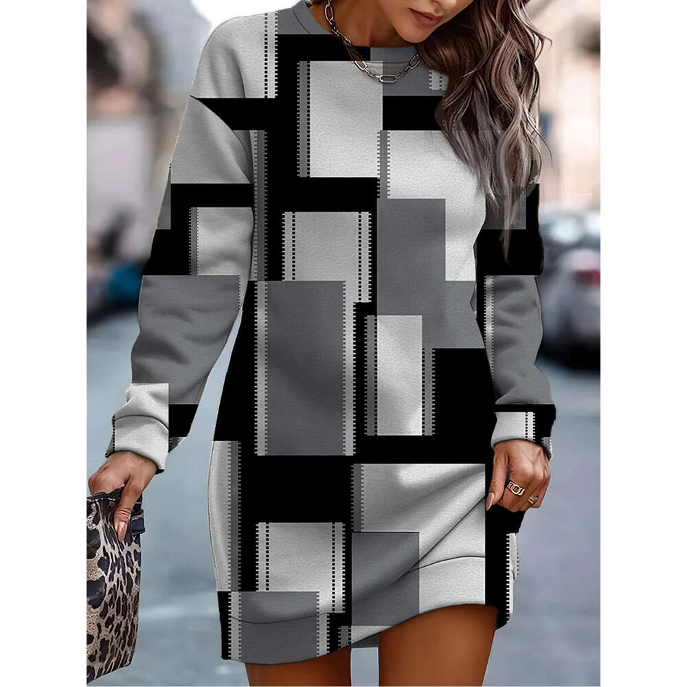 Autumn winter European and American women's hot selg printed contrasting round neck hoodie dress 2024 temperament versatile new trendy clothing i