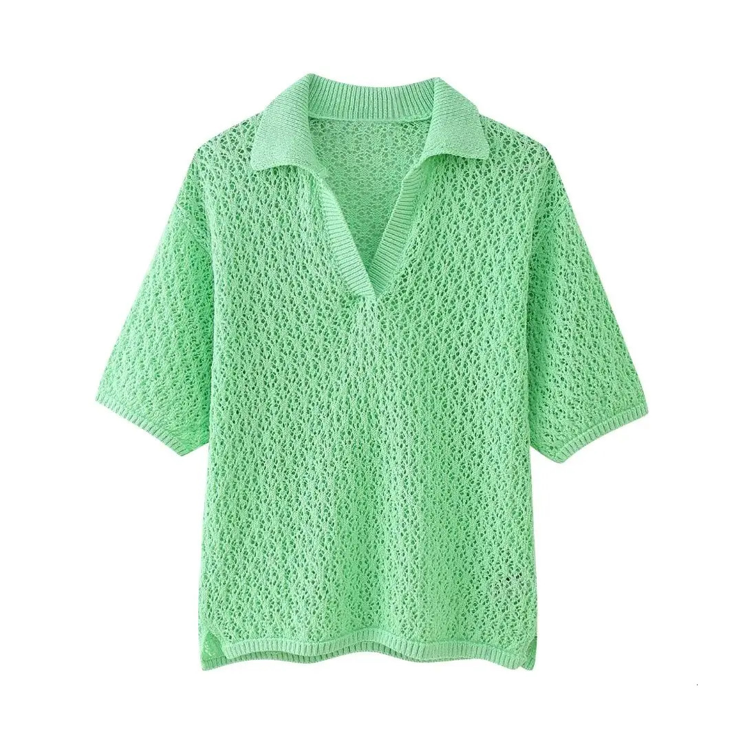 DUOPERI Women Fashion Jacquard Solid Knitted Mesh Out Pullover Polo Shirt Short Sleeve Female Chic Lady Casual Tops 250207