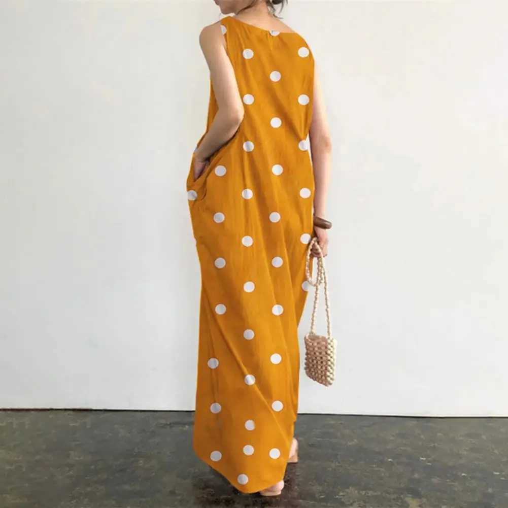 Loose Maxi Dress Summer Maxi Dress with Dot Print O Neck Big Pockets for Women Soft Ankle Length BeachXJ2500207