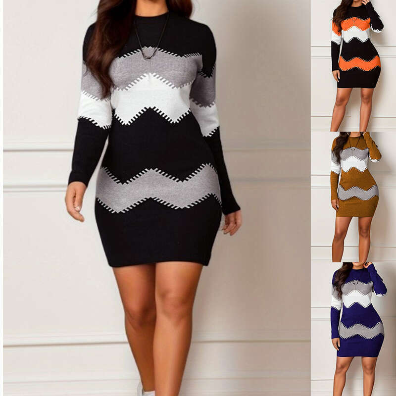 European American women's mid to short skirt, round neck, long sleeved printed knitted hip hing dress, 2024 new style, chic and elegant clothing