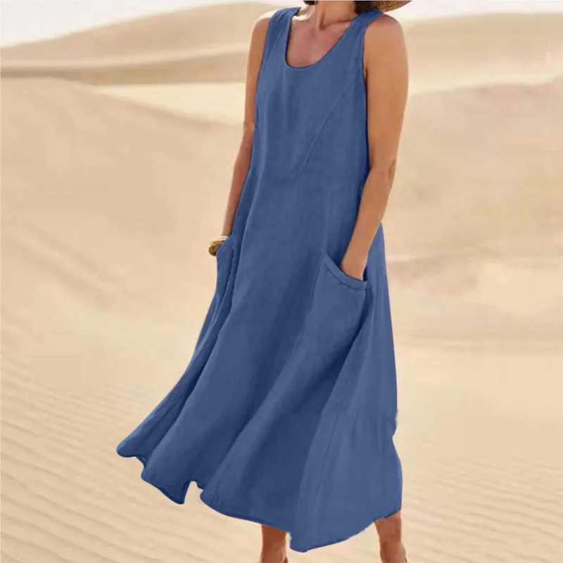 Summer Pocket Sveless Round Neck Womens Cotton And Linen Dress Lady Loose Solid Color Pullover Big Swing Orange Red DressXJ2500207