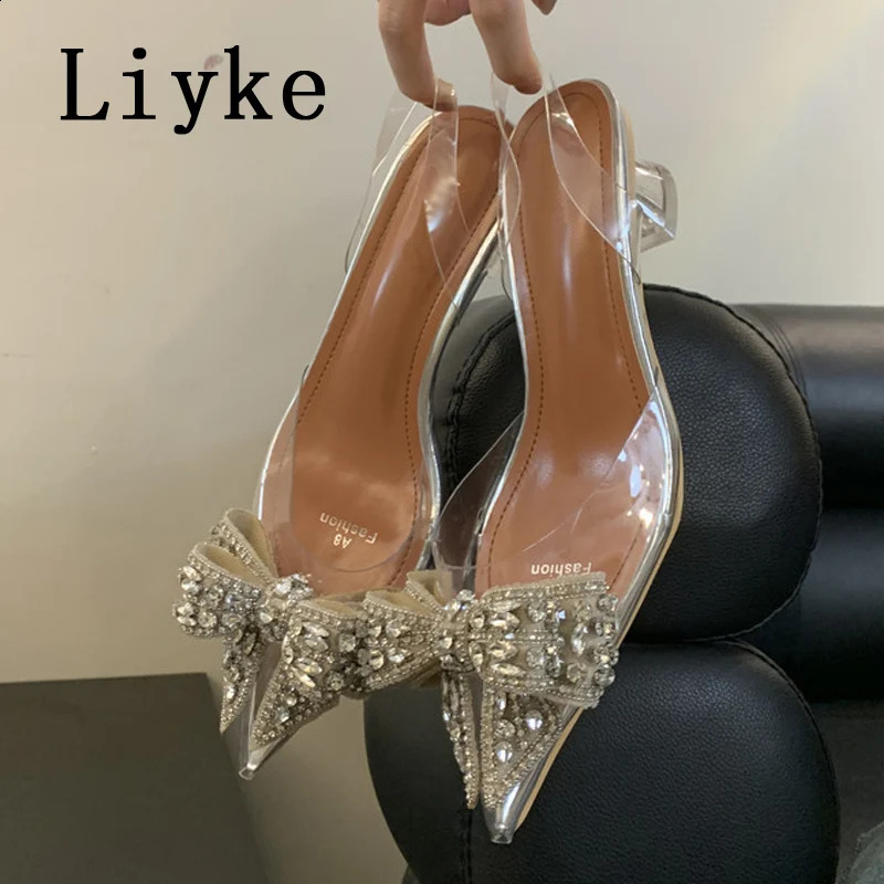 Liyke Fashion Crystal Bowknot Women Pumps Sexy Pointed Toe Clear High Heels Wedding Prom Shoes PVC Transparent Sandals 250206