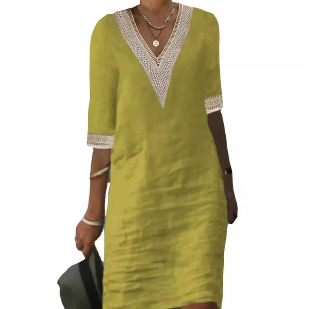 Womens Casual Midi Dresses 2025 Spring/summer Lace Cotton Linen White Dress Robes Vestido Branco Vestidos De jerXJ2500207