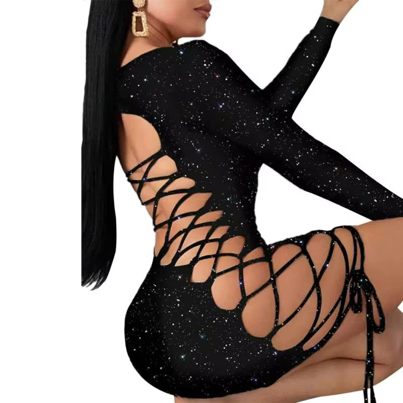Fashion Women Sexy Bg Bodycon Mini Dress Long Sleeve Glitter Bandage Side Hollow Out Lace Up Evening Party Club Lady Dresses