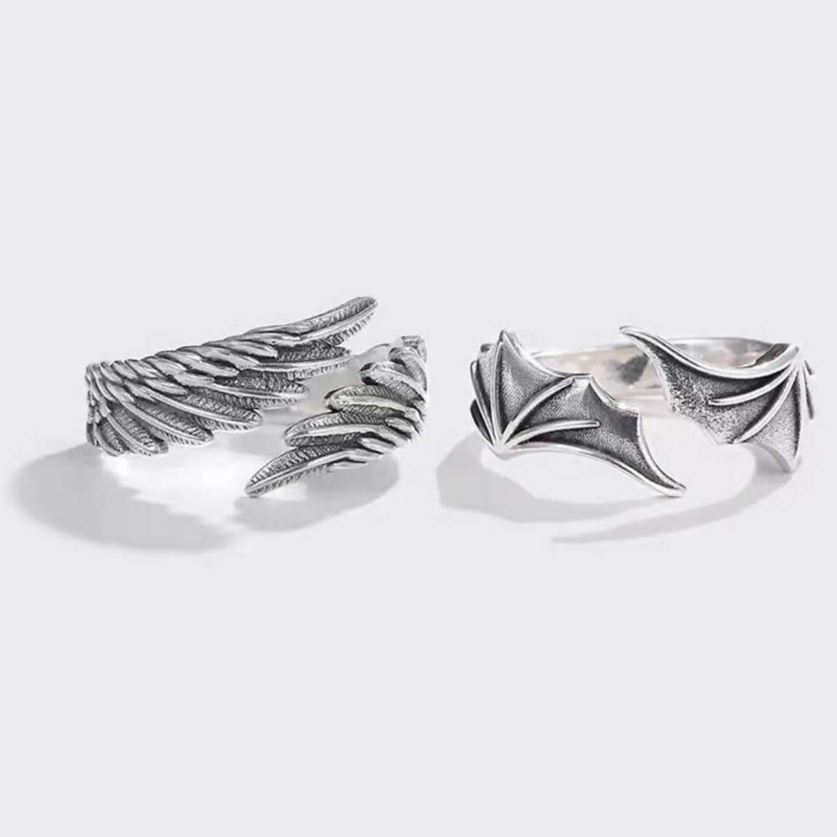 Retro Angel Wings Devil Eyes Hip Hop Adjustable Couple Ring Mens Retro Silver Alloy Material Cool Fashion Jewelry New W250207