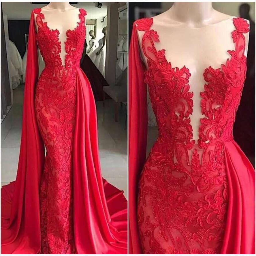2020 New Design Sexy Red Mermaid Prom Dresses Dress Illusion Lace Appliques Peplum Sleeveless Plus Size Formal Evening Gowns Wear