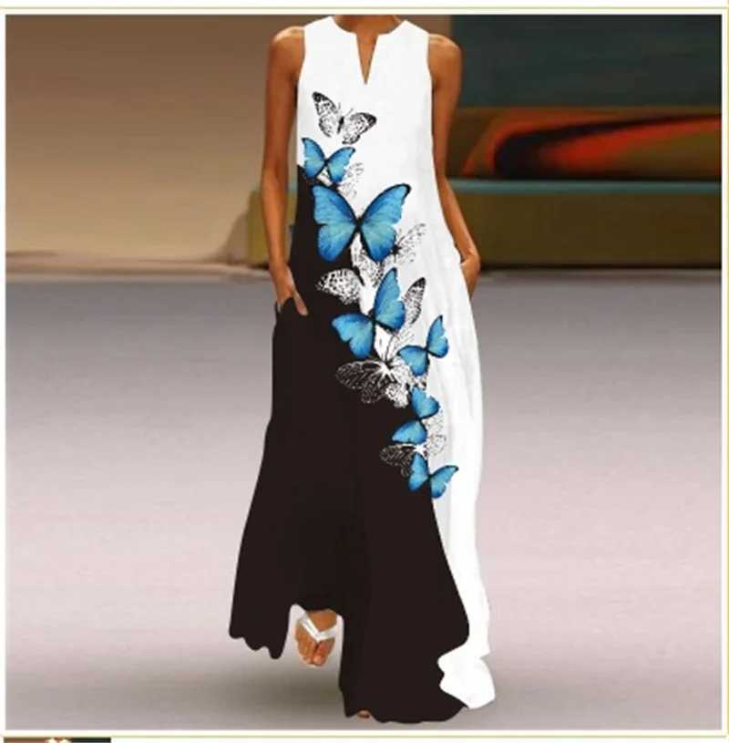Womens Clothing 2024 Spring Summer Ele V-neck Butterfly Print Long Dress Women Beach Sexy Sveless Tank Maxi Party DressXJ2500207