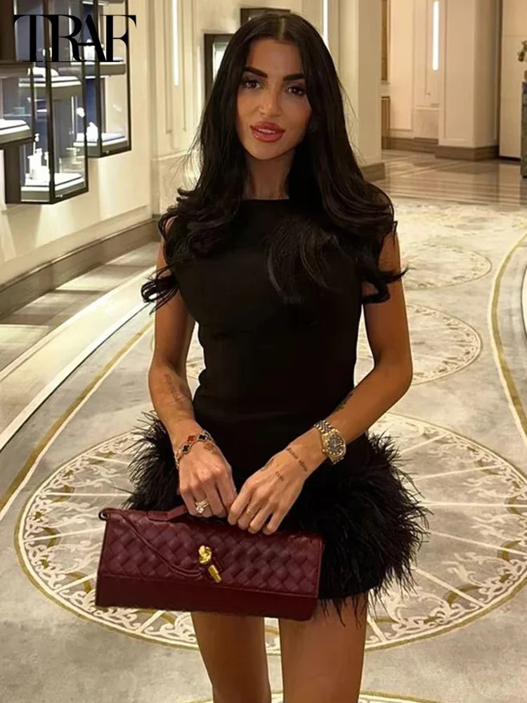 TRAF Black Feather Short Dresses for Women off Shoulder Corset Dres Fashion Sleeveless Dress Woman Evening Womens 250206