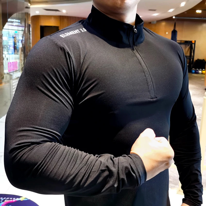 Autumn Winter Quick Dry Running Shirt Men T-shirt Long Sleeve Compression Shirts Gym T-shirt Fitness Sport Zipper Shirt 250206