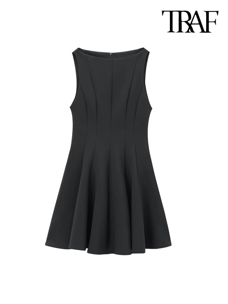 TRAFWomens Flared Mini Dress Boat Neck Sleeveless Female Dresses Chic Fashion 250206