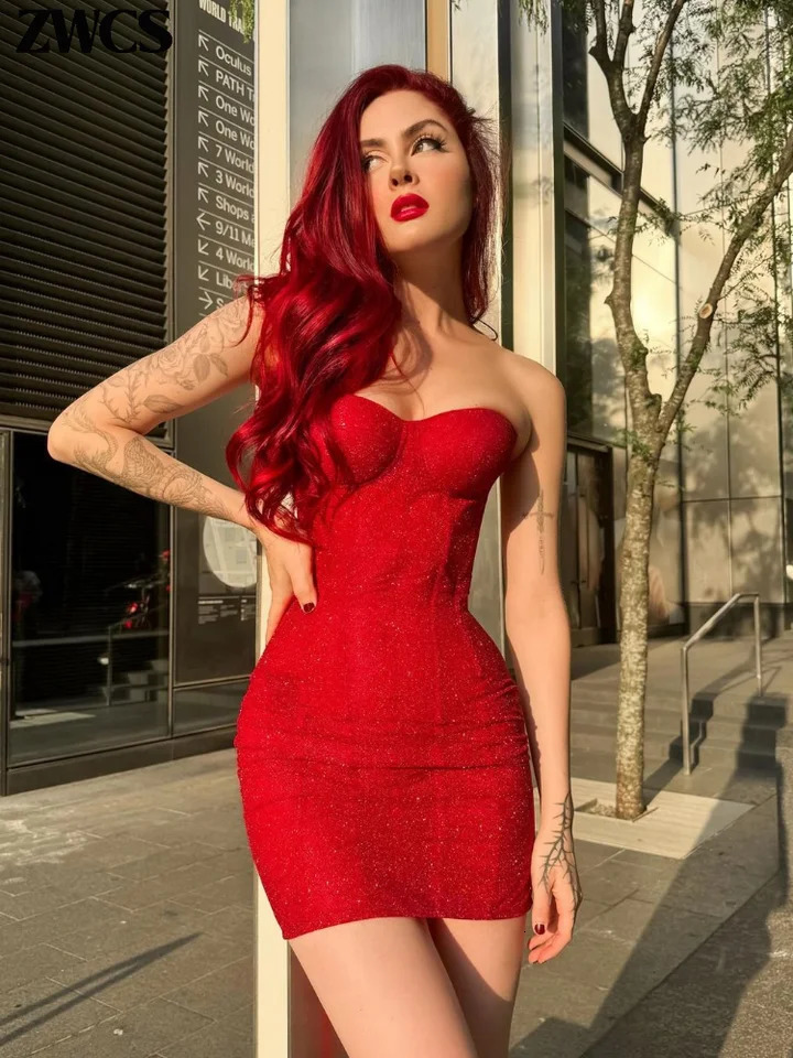 Sexy Strapless Shiny Mini Dress Women Elegant Solid Tube Lace Up Backless Short Dresses 2025 Female Evening Party Vestidos 250207