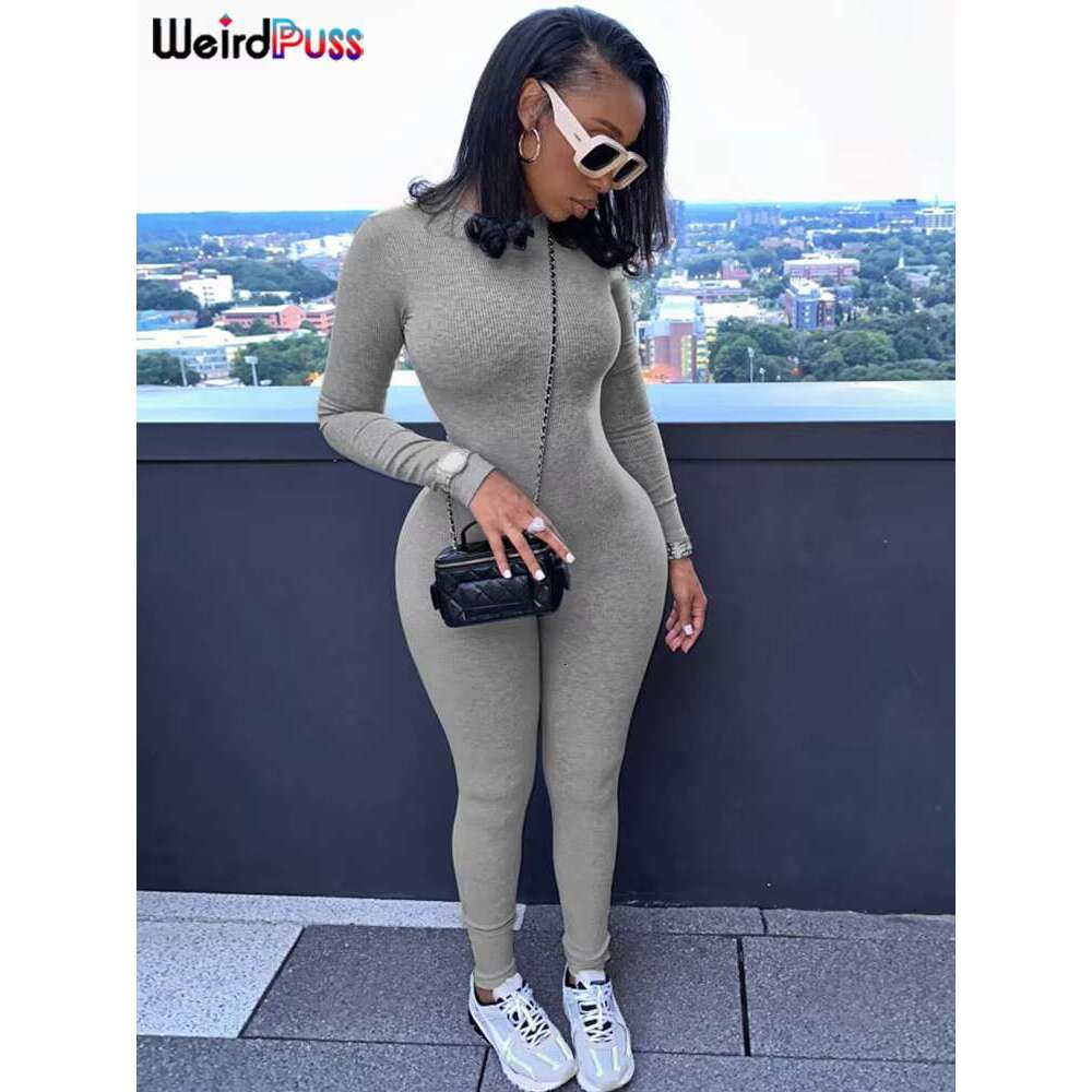 Weird Puss Solid Fiess Casual Jumpsuit Women Long Sleeve Stretch Skinny Activity Sporty Tight Simple Fall Streetwear Overalls