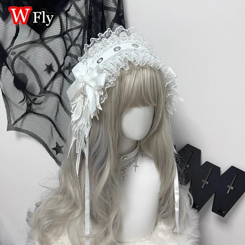 Womens Harajuku Steampunk Y2K Wing Headwear Bow Headband Lolita Gothic Dark Angel Headwear and Hair Accessories 250207