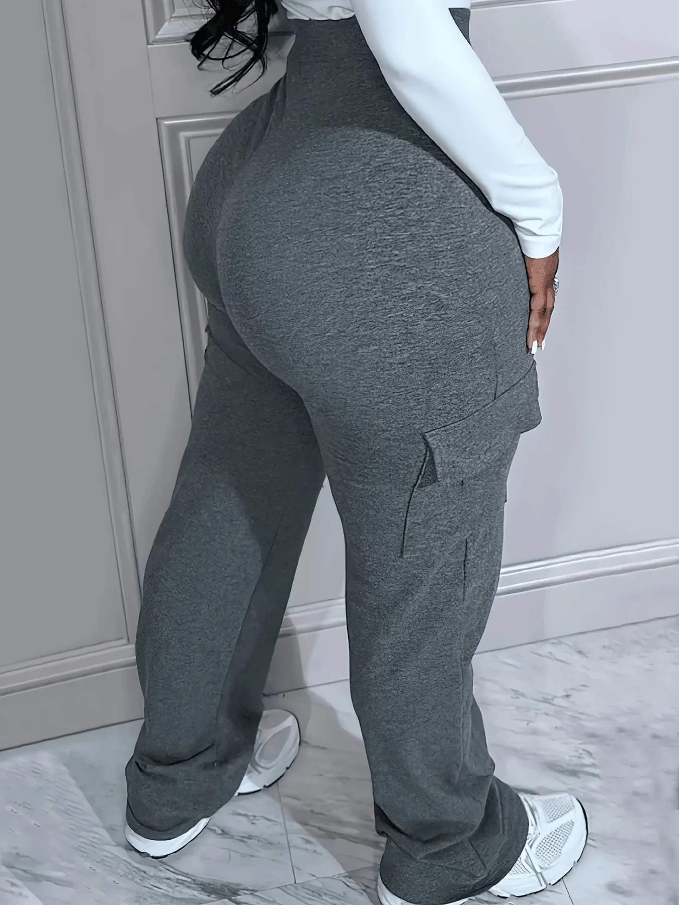 Plus Size Solid Pocket Pants Casual High Waist Pants For Spring Fall Womens Plus Size Clothing 250207