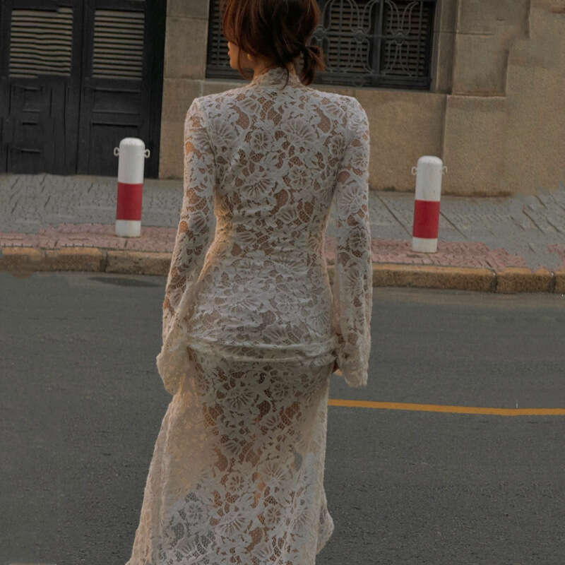 2025 early autumn sexy spicy girl lace patchwork street slit long sleeved dress new casual versatile fashion clothing