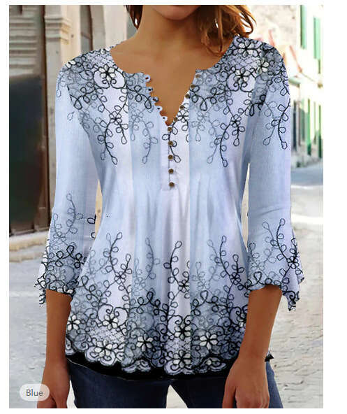 European and American summer fashion Ruili ral print V-neck seven quarter sleeve T-shirt 2024 temperament versatile new trendy clothing ins