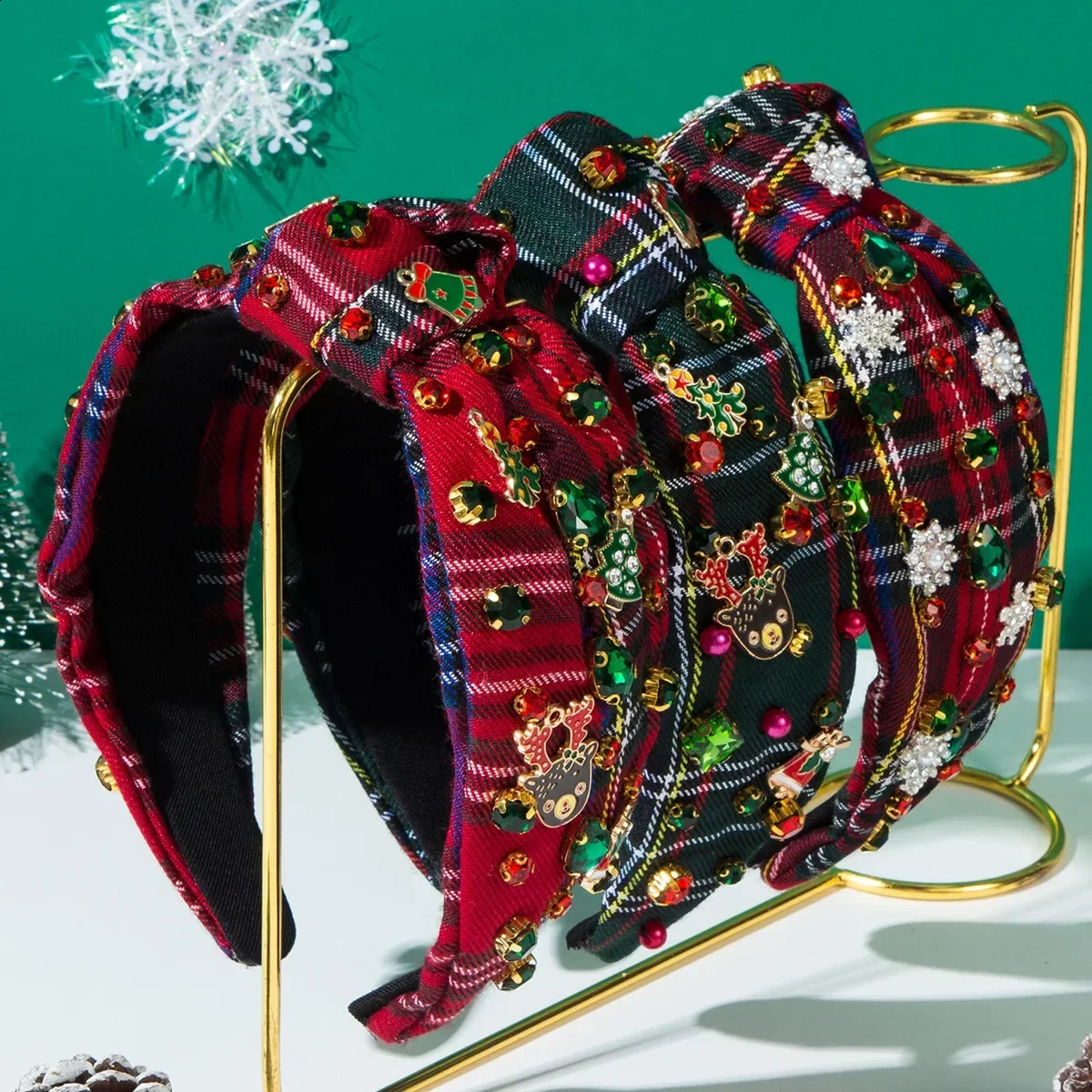 -selling Checked Fabric Knotted Headband Inlaid with Christmas Accessories Vintage Holiday Hair Accessories 250207