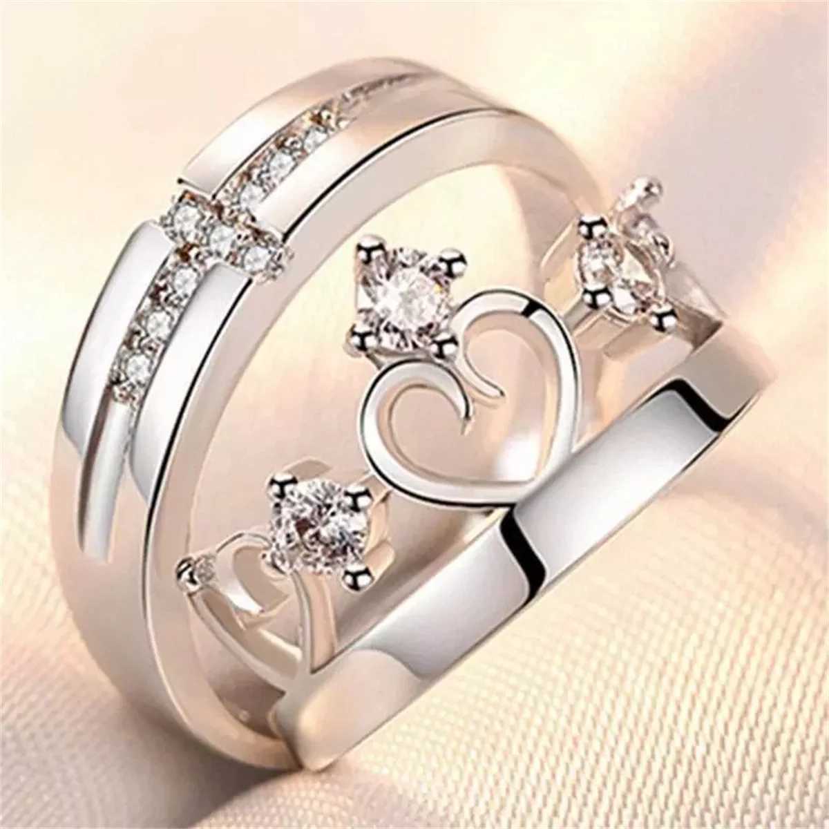 2Pcs Silver Color Luxury Zircon Crown Cross Couple Rings For Lovers Forever Endless Love Wedding Bands Ring Valentines Day Gifts W250207