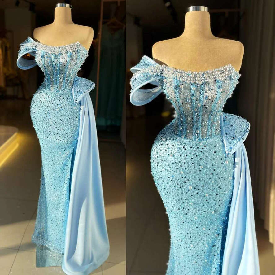 2024 Prom Black Women Blue Evening Dresses Elegant One Shoulder Illusion Sequined Lace Mermaid Birthday Dress Second Reception Gowns For Ocn Am608