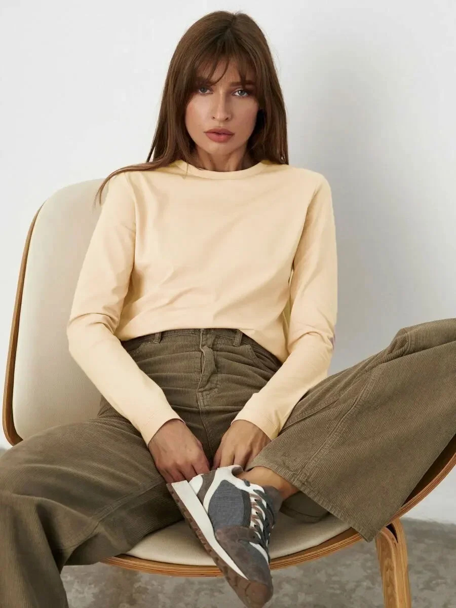 Wolfeel Womens Spring Autumn 100% Cotton T-shirt Bottoming Basic Solid Lady Long Sleeve Loose Tops Shirts Oversized T Shirt 250207