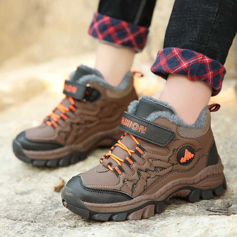 Winter Kids Hiking Shoes Super Warm Plus Cotton Boy Sneakers Non-slip Leather Waterproof Boots Teenager Trekking Climbing Shoes W250207