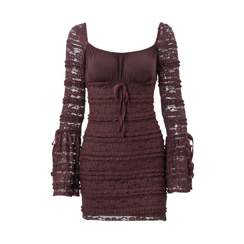European and American women's autumn sexy square neck low cut trumpet sleeves slim fit hip hing cake skirt for women 2025 new casual versatile fa