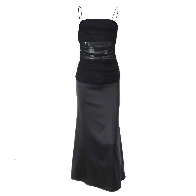 European American 2025 light mature style mesh, see through high waisted slit, slim fit strapless suspender, jumpsuit, long skirt, women's new st