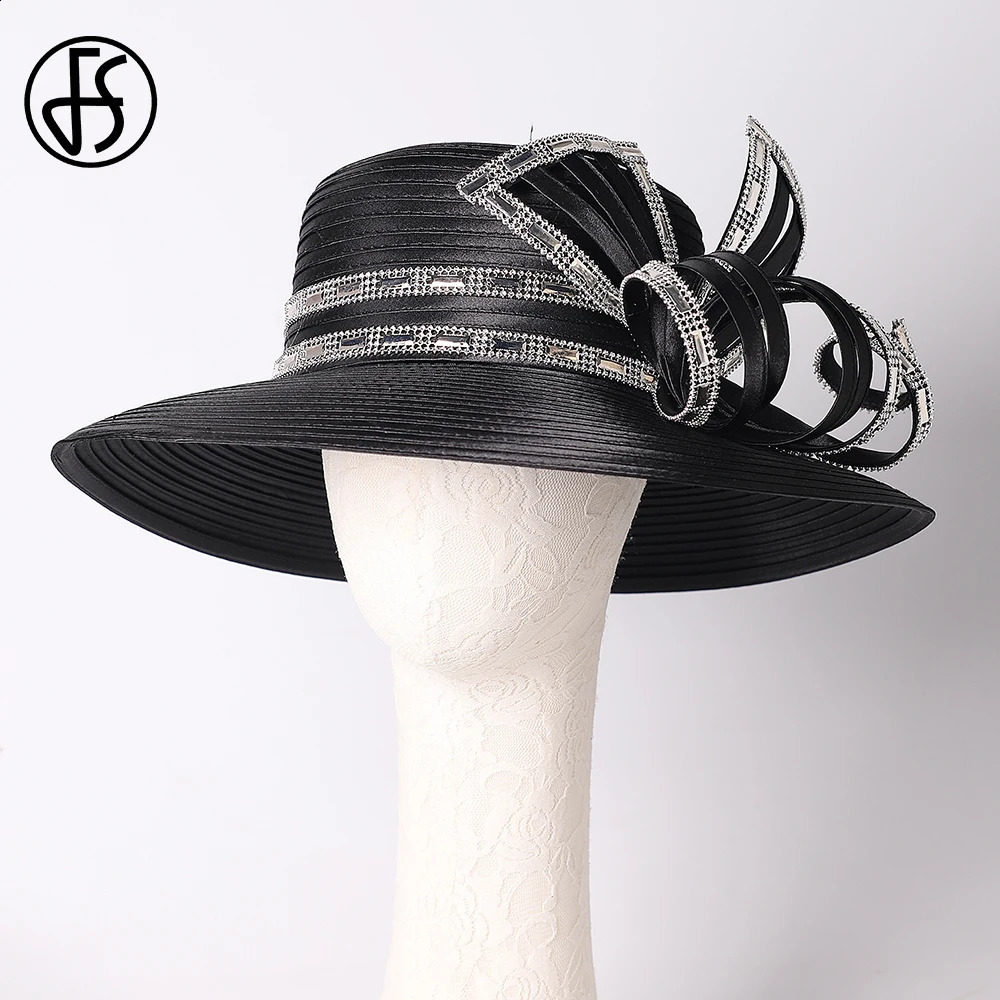 FS Elegant white wide-brimmed top hat for women with Bow Wedding Bridal satin cloth hat Official Ocn Women's Church Derby Hat 250207
