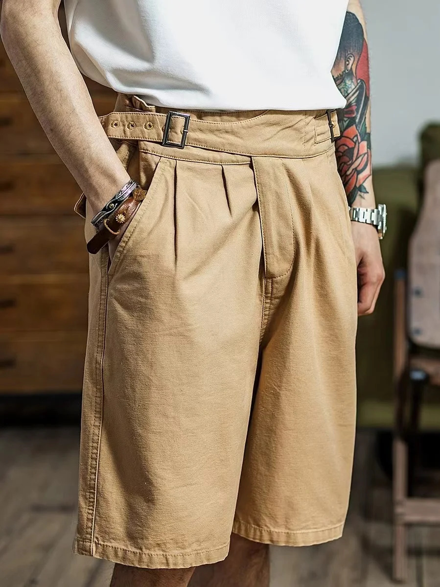 Vintage Gurkha Shorts Men Safari Style High Waist Buckle Button Knee Length Naples Pants Summer Casual Loose Shorts High Quality 250206