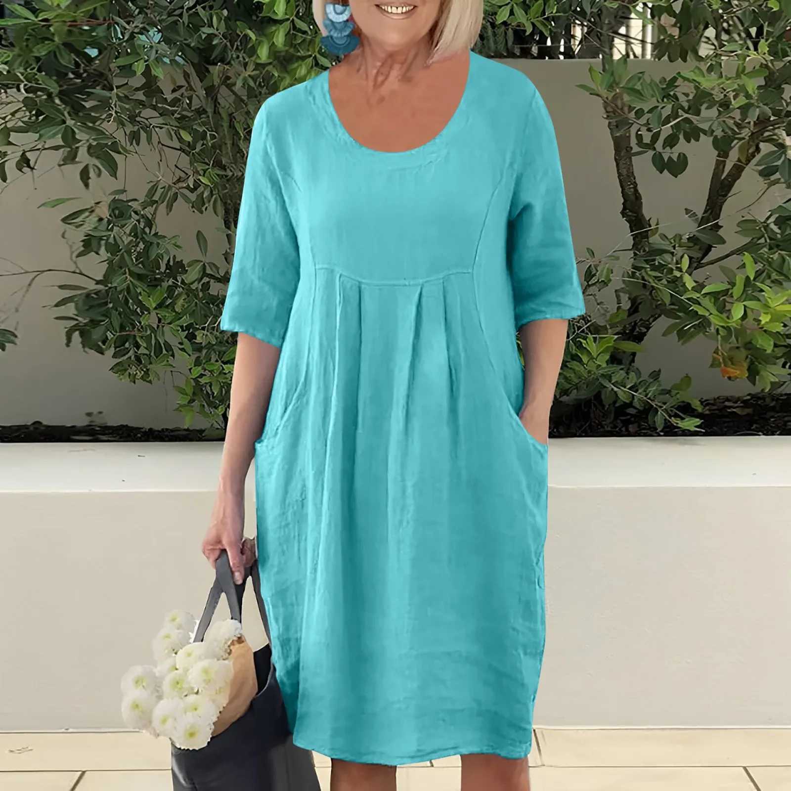 Dresses For Girls 2024 Summer For Women Ele Solid Color Cotton Linen Pockets Tunic Midi Dress Loose Vestidos Verano ModaXJ2500207