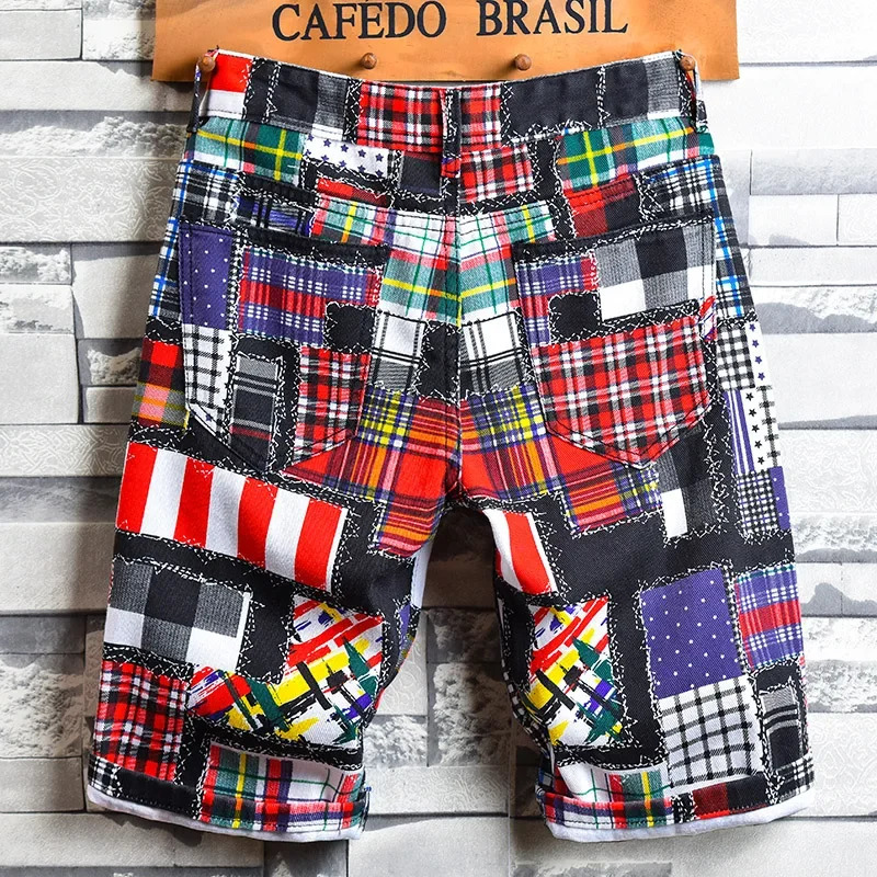 Summer Floral Plaid Print Denim Shorts Streetwear Hole Straight Slim Casual Jeans Male Clothes 250207